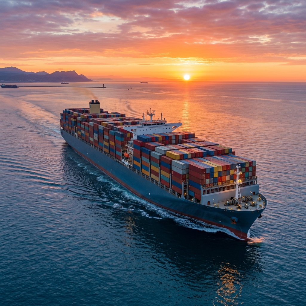 Global Cargo Ship at Dawn